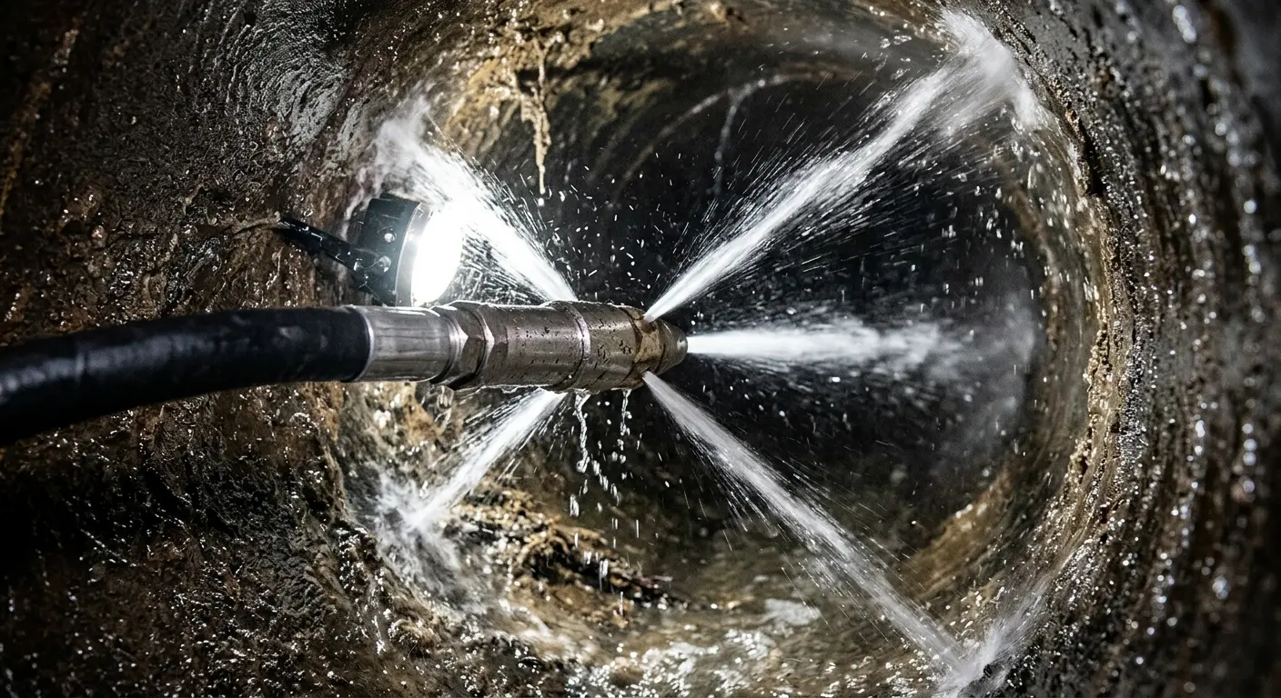 High-pressure hydro jetting nozzle cleaning sewer pipe for Trenchless Sewer Repair in Midlothian