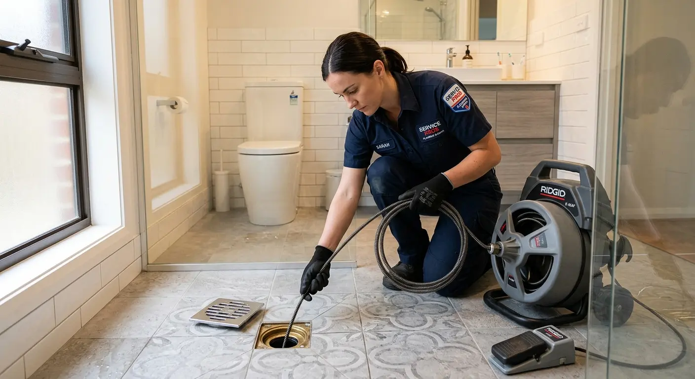 Technician clearing a bathroom floor drain for Clogged Drain Repair in Midlothian